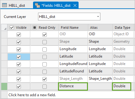 新しいフィールドのフィールド名列を Distance に設定