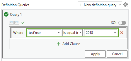 Where 句 testYear が 2018 と等しいに設定されたクエリ