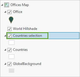 コンテンツ ウィンドウで Countries 選択レイヤーを選択