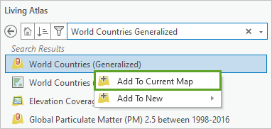 World Countries (Generalized) レイヤーのショートカット メニューの現在のマップに追加オプション