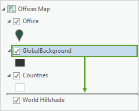 コンテンツ ウィンドウで GlobalBackground レイヤーを Countries レイヤーの下にドラッグ