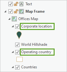 コンテンツ ウィンドウの Corporate location および Operating country レイヤー