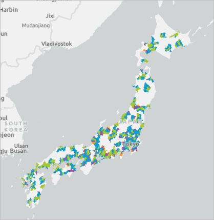 Equal Earth Asia-Pacific 座標系を使用して投影された日本の MEA のマップ