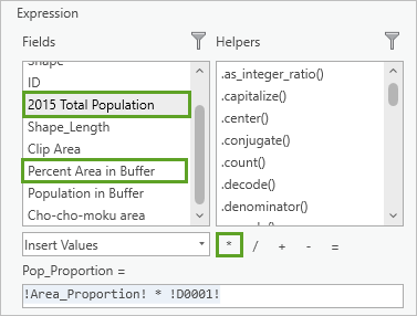 フィールド演算ウィンドウの Population in Buffer を計算するための式