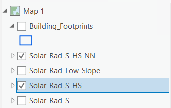 [コンテンツ] ウィンドウで [Solar_Rad_S_HS_NN] および [Solar_Rad_S_HS] レイヤーのみがオンになっていて、[Solar_Rad_S_HS] が選択されています。
