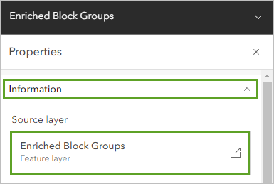 プロパティ ウィンドウの情報セクションにある Enriched Block Groups レイヤー