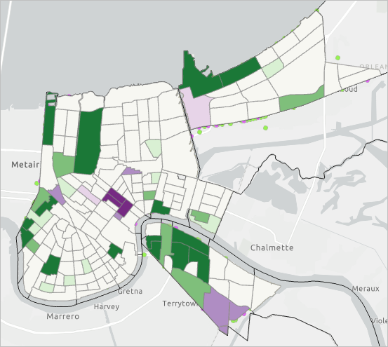 緑色と紫色の地域を含むトレンド マップ