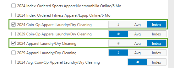 インデックスとして選択されている、[Coin-Op Apparel Laundry/Dry Cleaning] 変数と [Apparel Laundry/Dry Cleaning] 変数