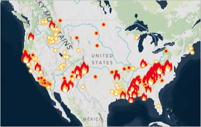 米国内で現在発生している山火事のマップ