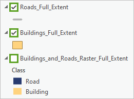 Buildings_and_Roads_Raster_Full_Extent レイヤーがオフになっており、Buildings_Full_Extent レイヤーと Roads_Full_Extent レイヤーがオンになっている状態
