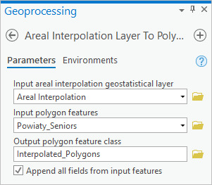 パラメーターが入力された Areal Interpolation Layer To Polygons ツール