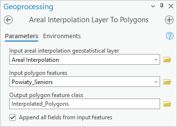 パラメーターが入力された Areal Interpolation Layer To Polygons ツール