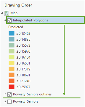 Interpolated_Polygons レイヤーが Powiaty_Seniors outlines レイヤーの下までドラッグされた状態