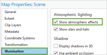 マップ プロパティ ウィンドウのイルミネーション タブで、オンにされた大気の影響を表示。