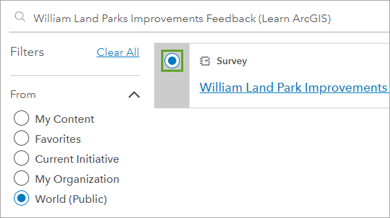 [William Land Park Improvements Feedback (Learn ArcGIS)] が選択された状態の [調査の選択] ウィンドウ