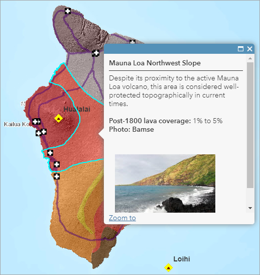 溶岩流の危険区域のポップアップ