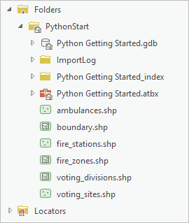 6 つのシェープファイルを含む PythonStart フォルダーのカタログ ビュー