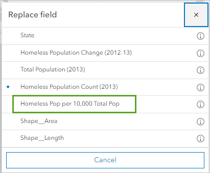 選択された Homeless Pop per 10,000 Total Pop フィールドと置換ボタン