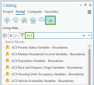 Living Atlas タブで ACS を検索