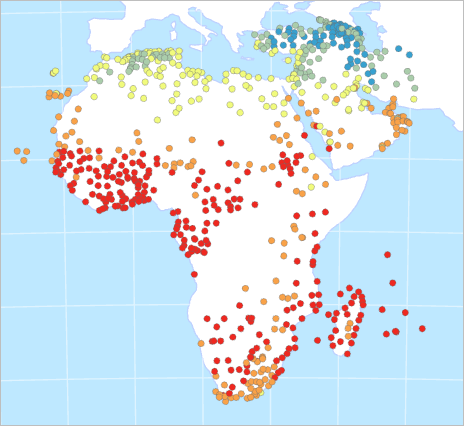 アフリカと中東をカバーする温度ポイント データが表示されているマップ