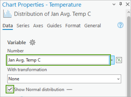 Jan Avg. Temp C に設定されている数値変数を示すチャート プロパティ ウィンドウ