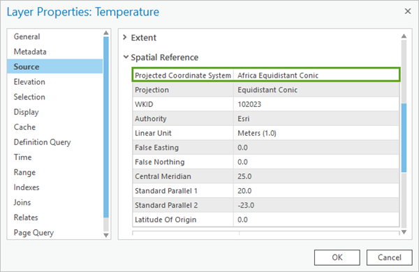 投影座標系として Africa Equidistant Conic が表示されている Temperature レイヤーのレイヤー プロパティ