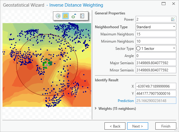 Geostatistical Wizard の Inverse Distance Weighting プロパティとプレビュー マップ
