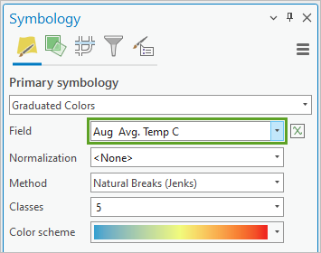 フィールドが Aug Avg. Temp C に設定されている Temperature レイヤーの [シンボル] ウィンドウ