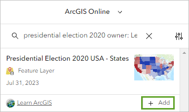 [Presidential Election 2020 USA - States] フィーチャ レイヤーの [追加] ボタン
