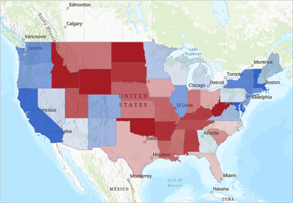 2020 年の大統領選挙の結果を優位性でスタイル設定したマップ