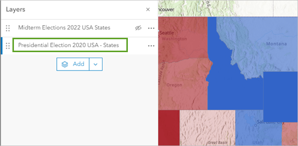 Presidential Election 2020 USA - States レイヤーがレイヤー ウィンドウで選択され、マップ上に表示された状態