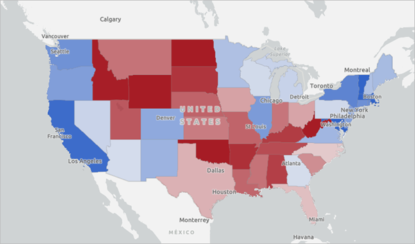 キャンバス (ライト グレー) ベースマップで 2020 年の大統領選挙の結果が表示されたマップ