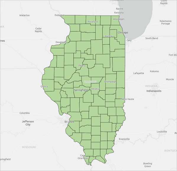 イリノイ州に対してフィルター処理されたレイヤーを拡大表示したマップ