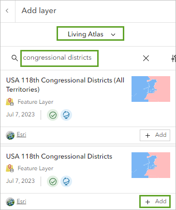 [Living Atlas] で「congressional districts」を検索