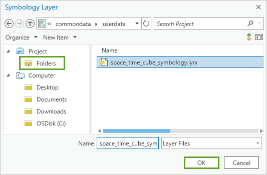 プロジェクトのフォルダー接続から選択された space_time_cube_symbology.lyrx