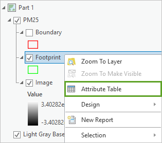 Footprint のショートカット メニューの属性テーブル オプション