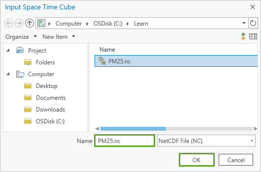 参照ダイアログ ボックスで C:\Learn フォルダーから選択された PM25.nc