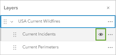 レイヤー ウィンドウの Current Incidents のレイヤーの非表示ボタン