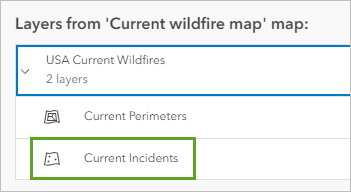 展開されている USA Current Wildfires と選択されている Current Incidents