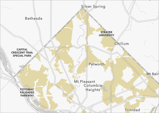 マップ上でスタイルが設定された Potential Food Deserts レイヤー。