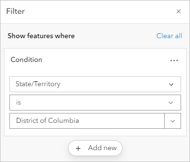 State/Territory is District of Columbia をフィルタリングするように設定された式