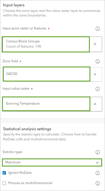 Evening Temperature データに関するゾーン統計をテーブルに出力ツールのパラメーター