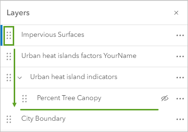 Impervious Surfaces レイヤーがグループ レイヤーまでドラッグされた状態