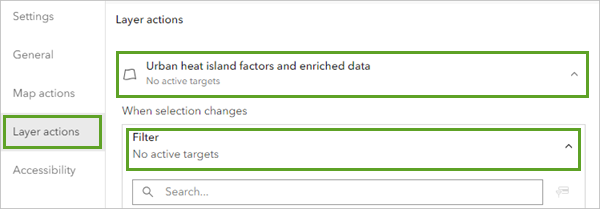 レイヤー アクション タブの Urban heat island factors and enriched data レイヤーのフィルター