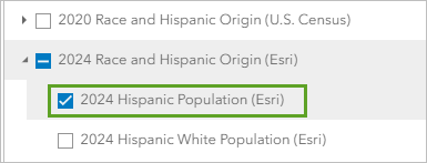 データ ブラウザーで Hispanic Population (Esri) 変数がオンに設定された状態