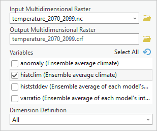 多次元ラスターのサブセット (Subset Multidimensional Raster) ツールのパラメーター