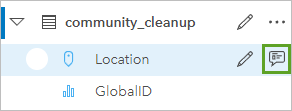 community_cleanup データセットの [Location] フィールドの [表示フィールド] ボタン