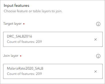 第 2 レベル行政区画に 2016 年と 2020 年のマラリア発生率を結合するためのフィーチャの結合ツール ウィンドウの入力フィーチャ