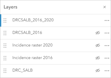 レイヤー ウィンドウで DRCSALB_2016_2020 レイヤーが選択され、これのみが表示に設定されている