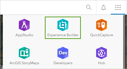 アプリ メニューの Experience Builder オプション